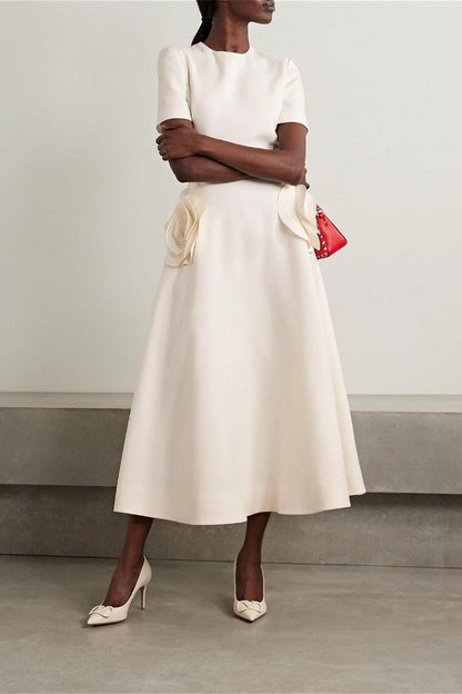 Crew Neck Short Sleeve 3D Floral Applique Structured A-Line Midi Dress