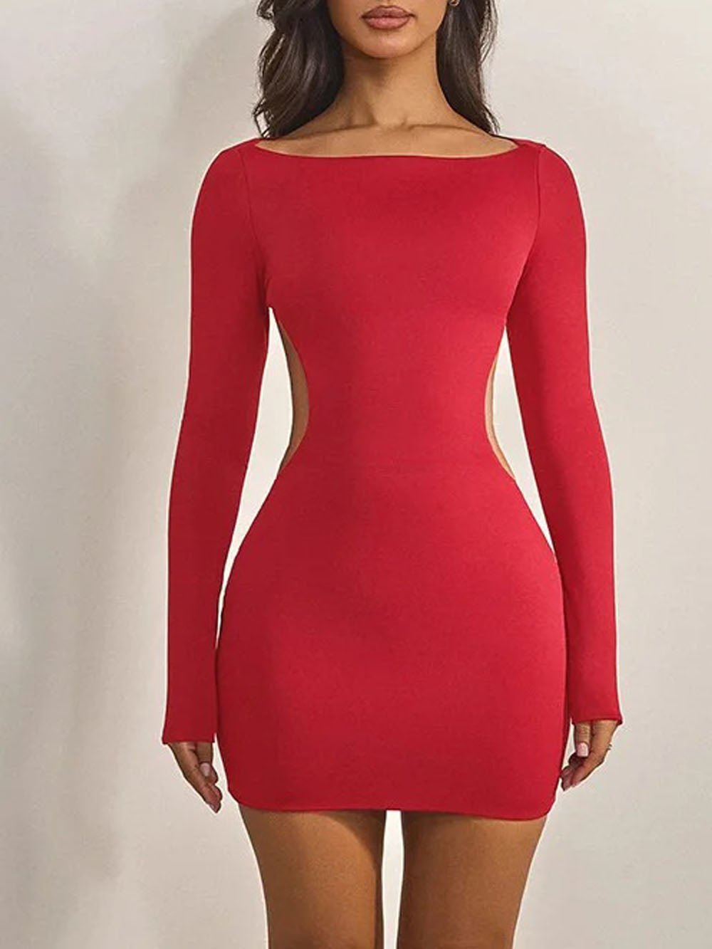 Boat Neck Long Sleeve Side Cutout Bodycon Mini Dress