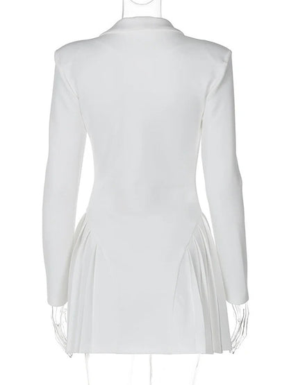 Single-Breasted Blazer Collar Deep V-Neck Pleated Ruffle Hem Mini Dress