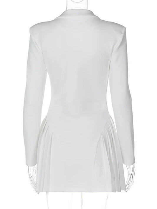 Single-Breasted Blazer Collar Deep V-Neck Pleated Ruffle Hem Mini Dress