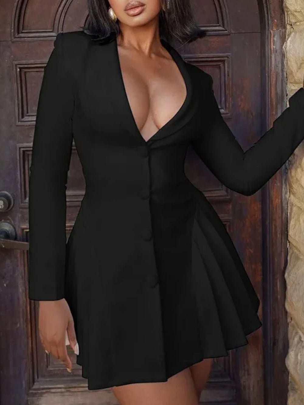 Single-Breasted Blazer Collar Deep V-Neck Pleated Ruffle Hem Mini Dress