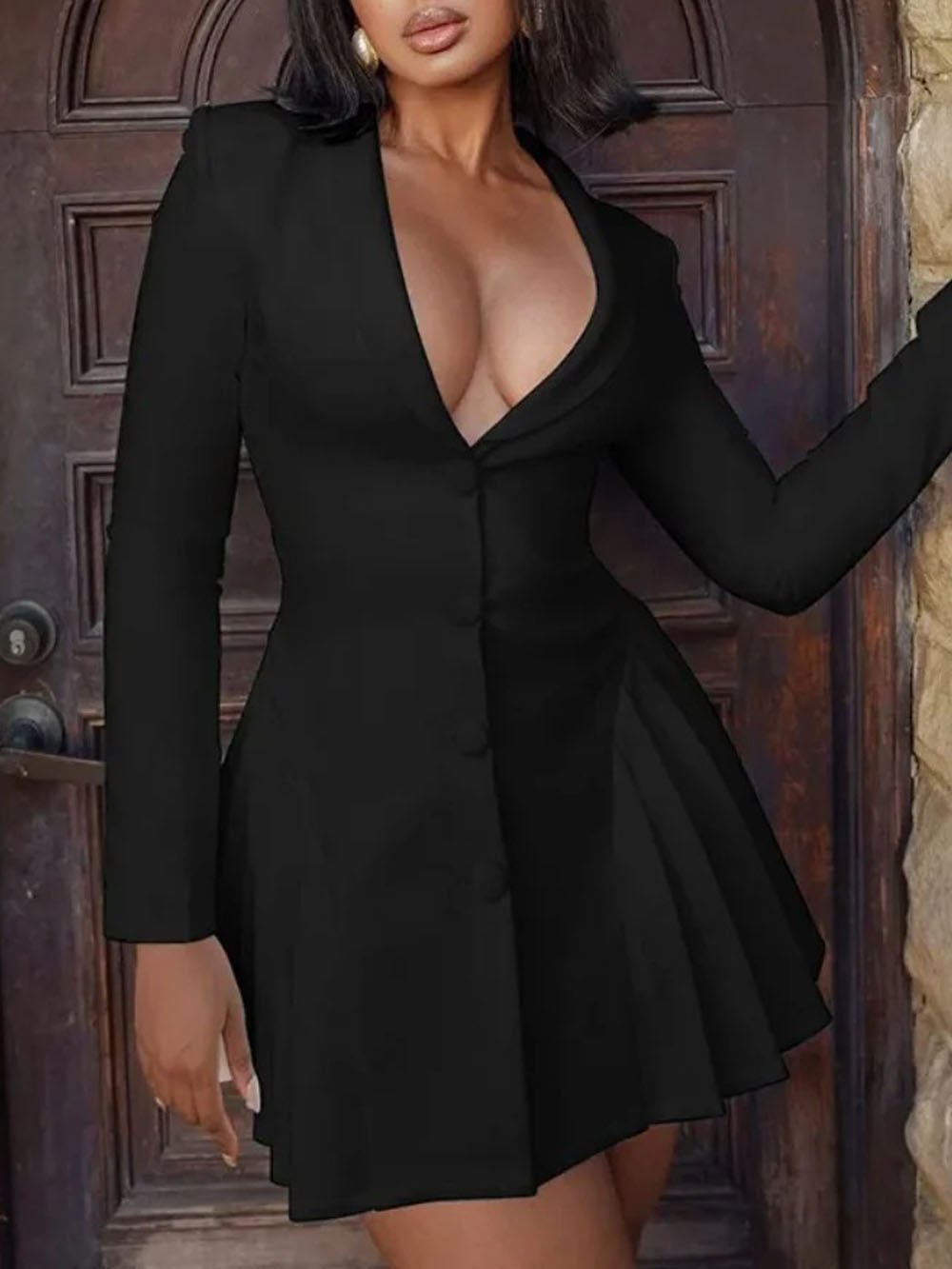 Single-Breasted Blazer Collar Deep V-Neck Pleated Ruffle Hem Mini Dress
