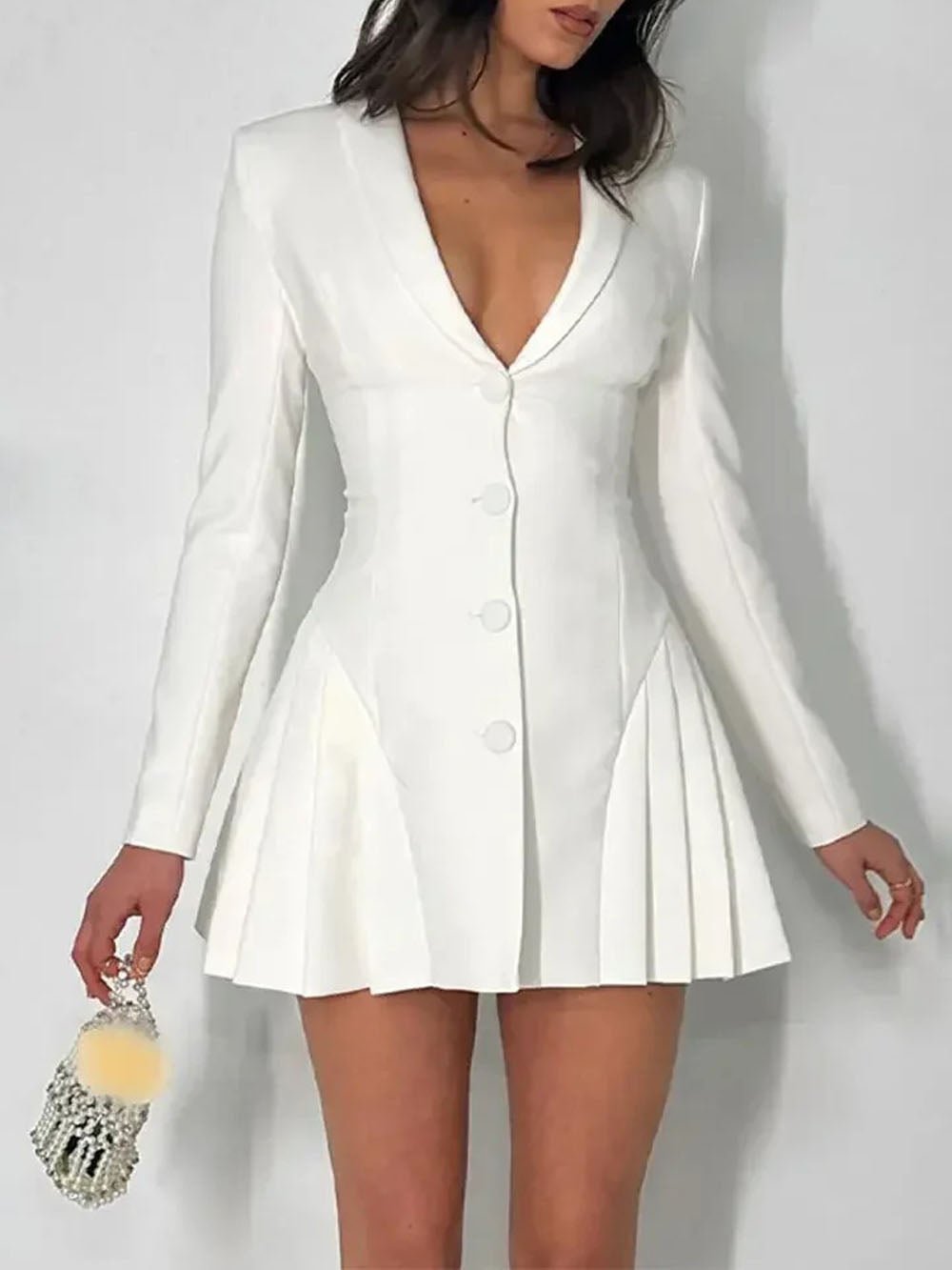 Single-Breasted Blazer Collar Deep V-Neck Pleated Ruffle Hem Mini Dress