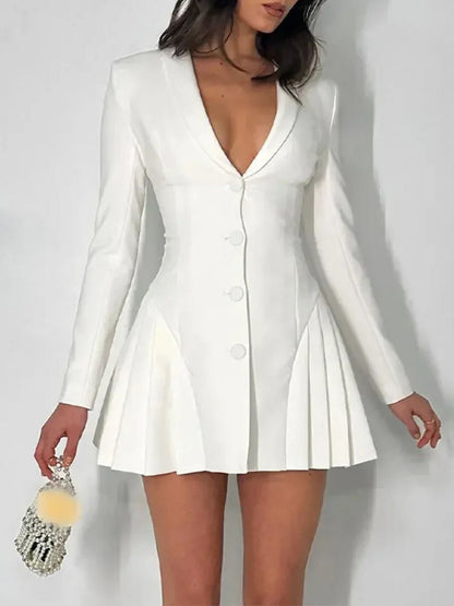 Single-Breasted Blazer Collar Deep V-Neck Pleated Ruffle Hem Mini Dress