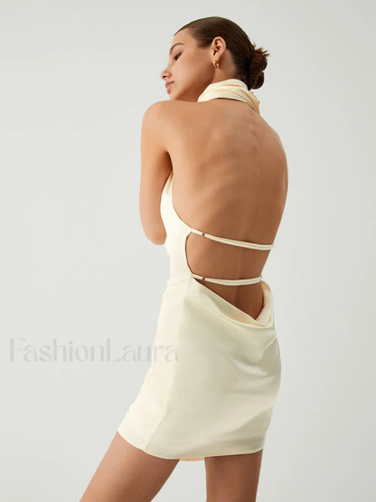 Vanilla Satin Halter Trendy Open Back Short Dress
