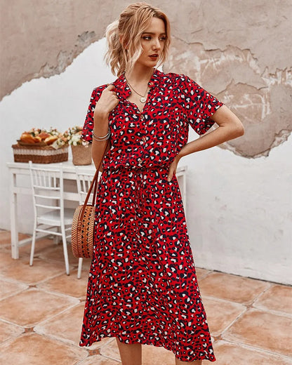 Dalmatian Print Button Front Drawstring Waist Midi Dress