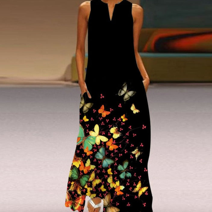 Butterfly Print Notched V-Neck Side Pocket Flowy Maxi Dress