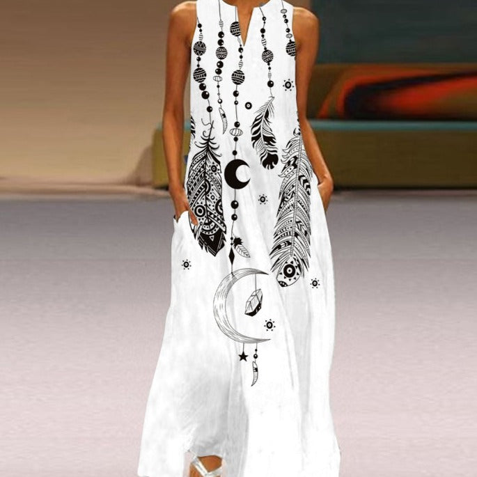Butterfly Print Notched V-Neck Side Pocket Flowy Maxi Dress