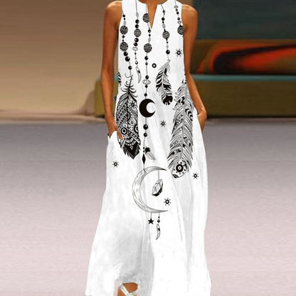 Butterfly Print Notched V-Neck Side Pocket Flowy Maxi Dress