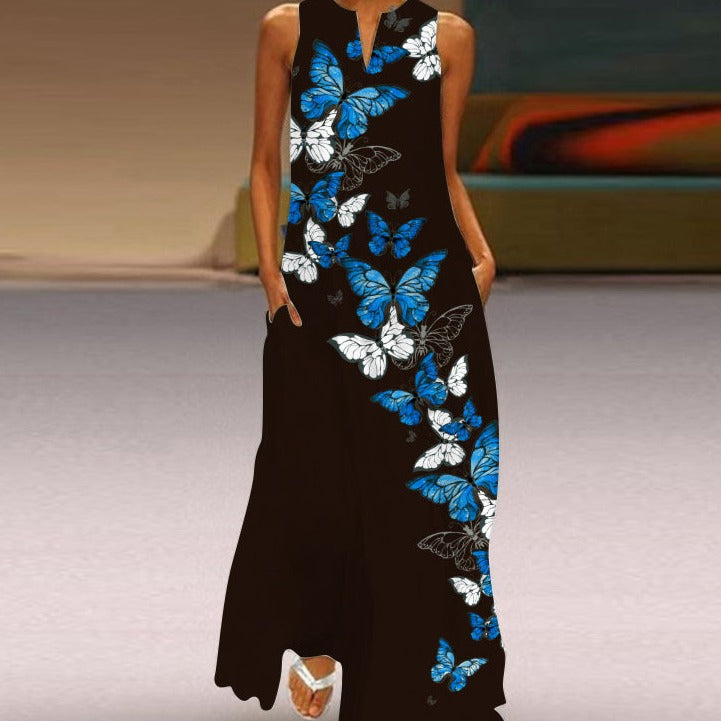 Butterfly Print Notched V-Neck Side Pocket Flowy Maxi Dress