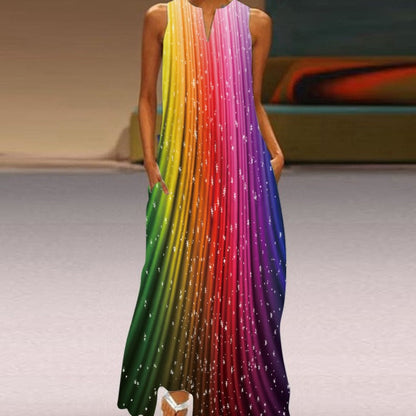 Butterfly Print Notched V-Neck Side Pocket Flowy Maxi Dress
