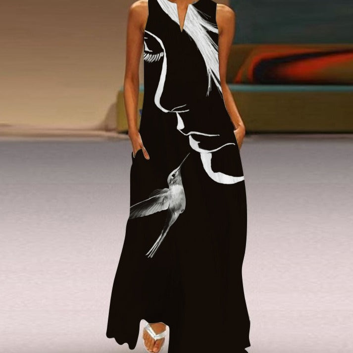 Butterfly Print Notched V-Neck Side Pocket Flowy Maxi Dress