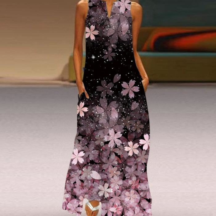 Butterfly Print Notched V-Neck Side Pocket Flowy Maxi Dress