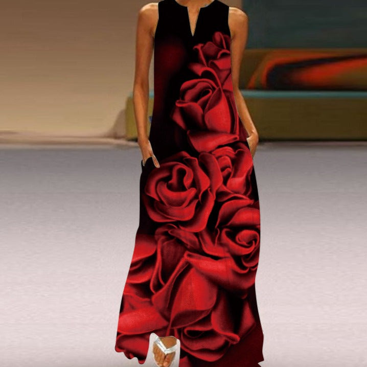 Butterfly Print Notched V-Neck Side Pocket Flowy Maxi Dress