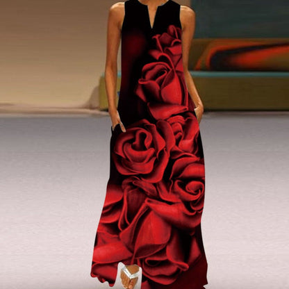 Butterfly Print Notched V-Neck Side Pocket Flowy Maxi Dress