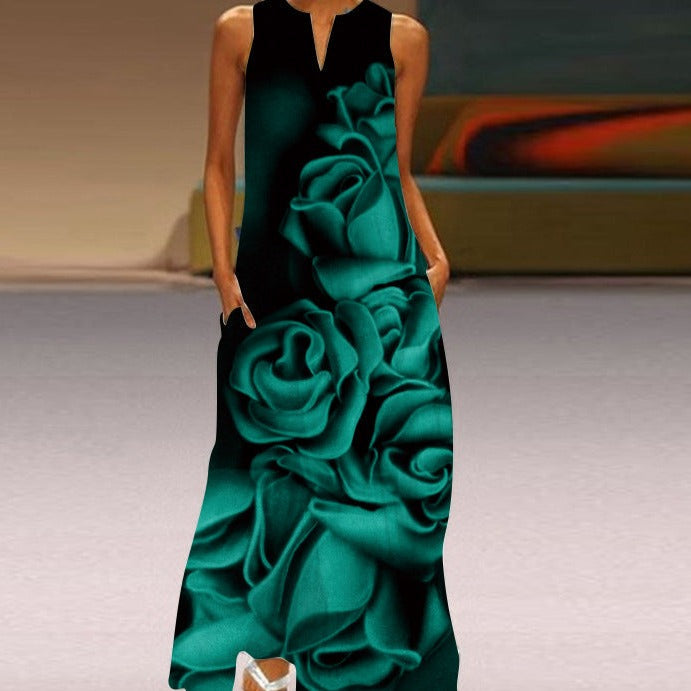 Butterfly Print Notched V-Neck Side Pocket Flowy Maxi Dress