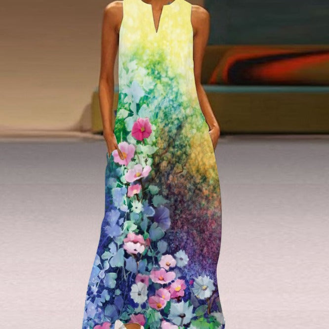 Butterfly Print Notched V-Neck Side Pocket Flowy Maxi Dress