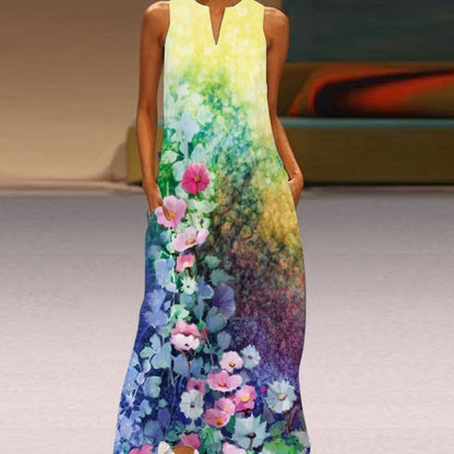 Butterfly Print Notched V-Neck Side Pocket Flowy Maxi Dress