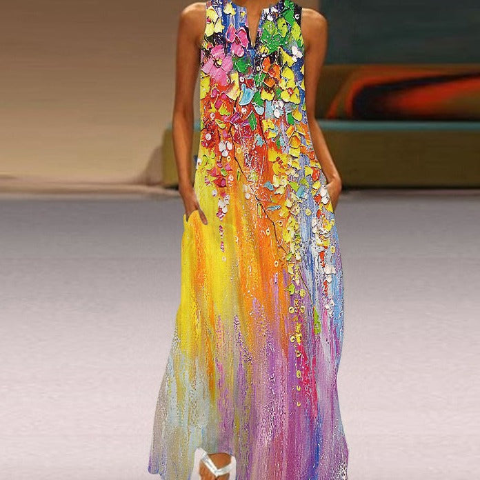 Butterfly Print Notched V-Neck Side Pocket Flowy Maxi Dress