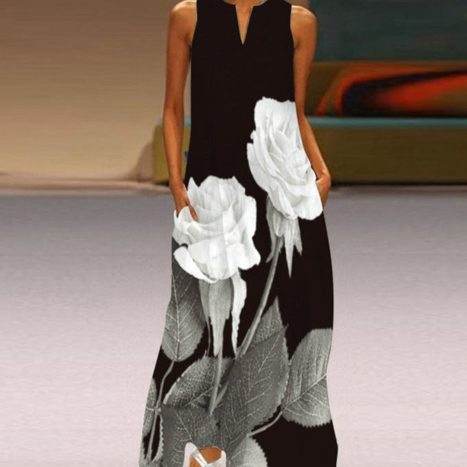 Butterfly Print Notched V-Neck Side Pocket Flowy Maxi Dress