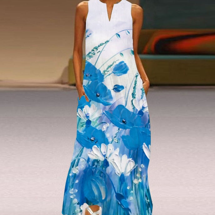 Butterfly Print Notched V-Neck Side Pocket Flowy Maxi Dress