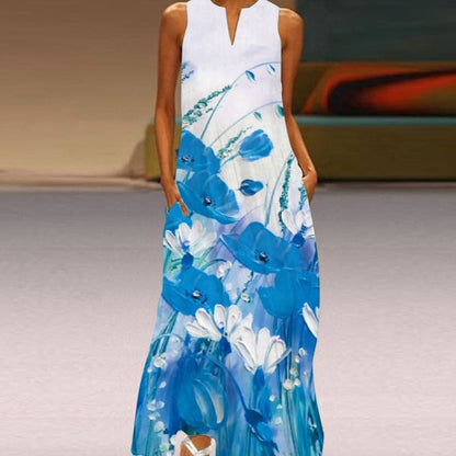 Butterfly Print Notched V-Neck Side Pocket Flowy Maxi Dress