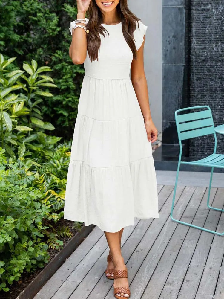 Smocked Bodice Flutter Sleeve Tiered Empire Waist Maxi Dress