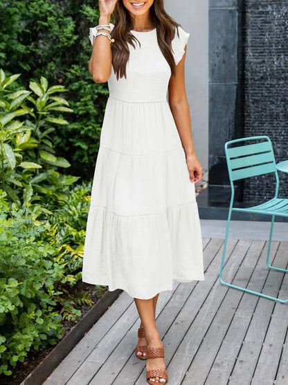 Smocked Bodice Flutter Sleeve Tiered Empire Waist Maxi Dress