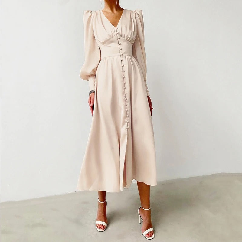 Satin Puff Sleeve Button Cuff Ruched Bust Button Front Midi Dress