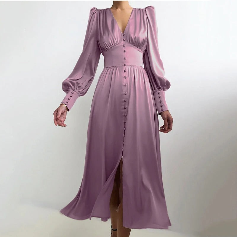 Satin Puff Sleeve Button Cuff Ruched Bust Button Front Midi Dress