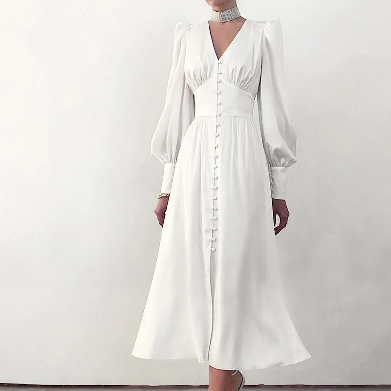 Satin Puff Sleeve Button Cuff Ruched Bust Button Front Midi Dress