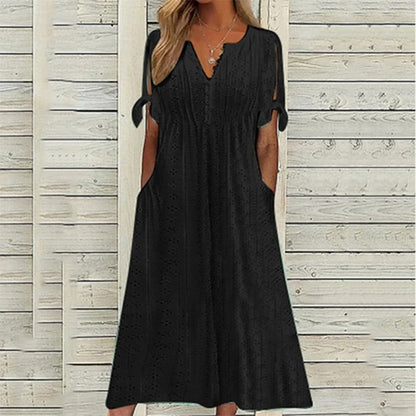 Eyelet V-Neck Button Front Slit Sleeve Tie Cuff Midi Dress