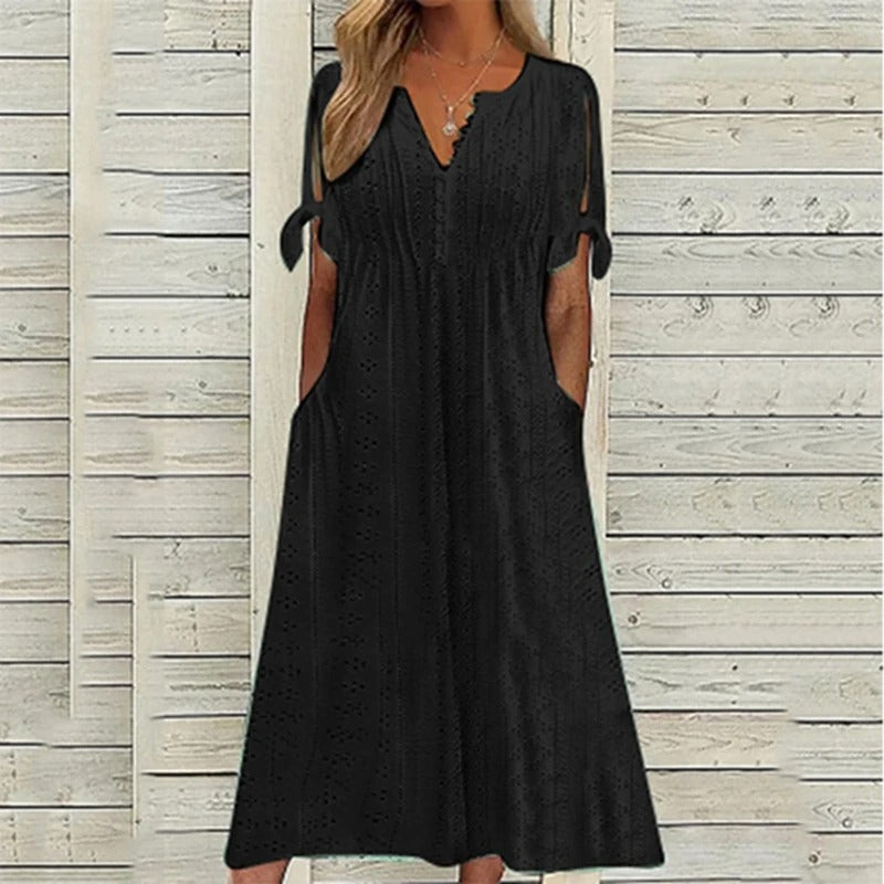 Eyelet Lace V-Neck Button Henley Tie-Cuff Short Sleeve Midi Dress