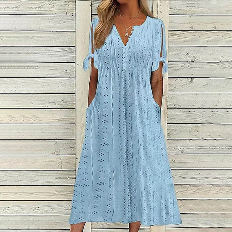 Eyelet V-Neck Button Front Slit Sleeve Tie Cuff Midi Dress