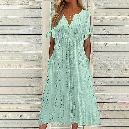 Eyelet Lace V-Neck Button Henley Tie-Cuff Short Sleeve Midi Dress
