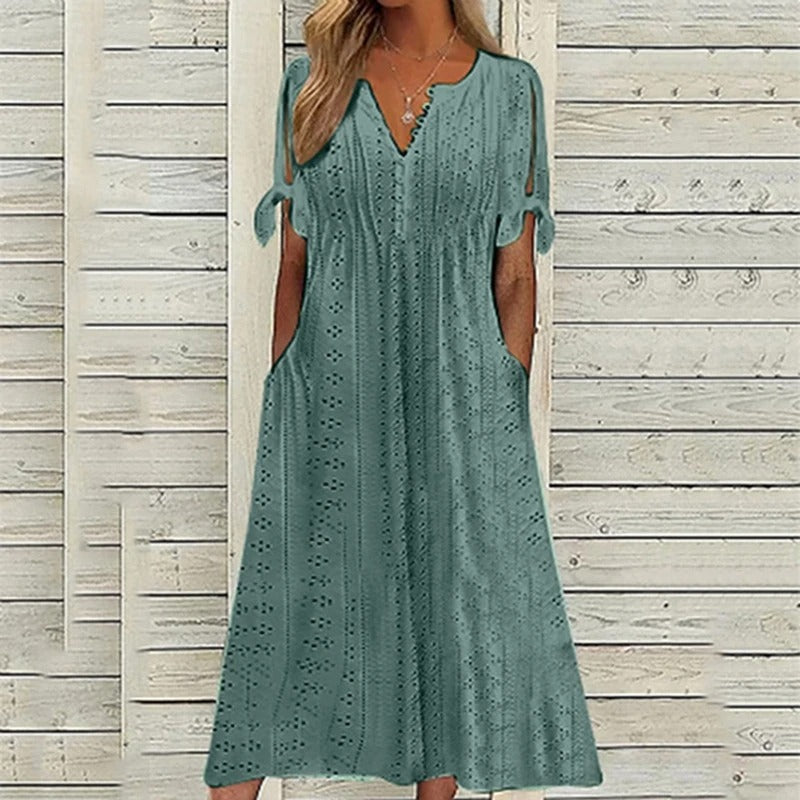 Eyelet Lace V-Neck Button Henley Tie-Cuff Short Sleeve Midi Dress