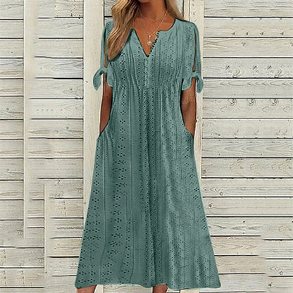 Eyelet Lace V-Neck Button Henley Tie-Cuff Short Sleeve Midi Dress