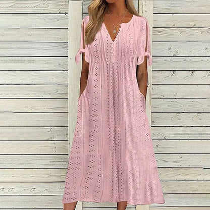 Eyelet V-Neck Button Front Slit Sleeve Tie Cuff Midi Dress