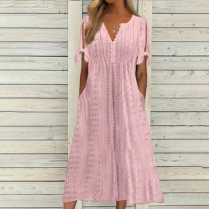 Eyelet Lace V-Neck Button Henley Tie-Cuff Short Sleeve Midi Dress