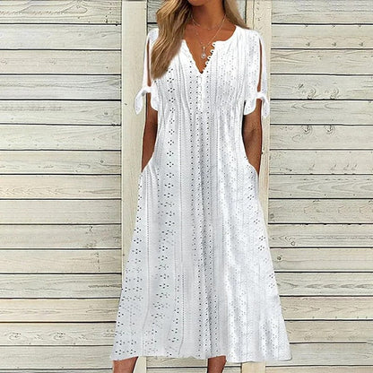 Eyelet V-Neck Button Front Slit Sleeve Tie Cuff Midi Dress
