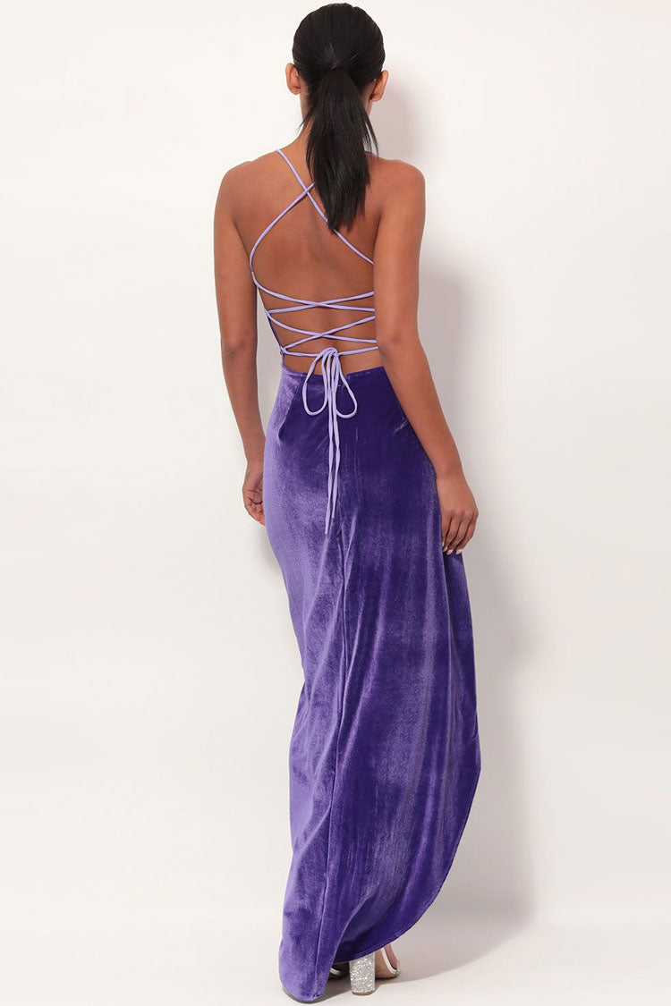 Velvet Cowl Neck Spaghetti Strap Wrap Skirt High Slit Maxi Dress