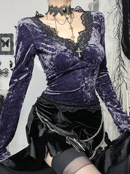 Velvet Lace Patchwork Knit Top
