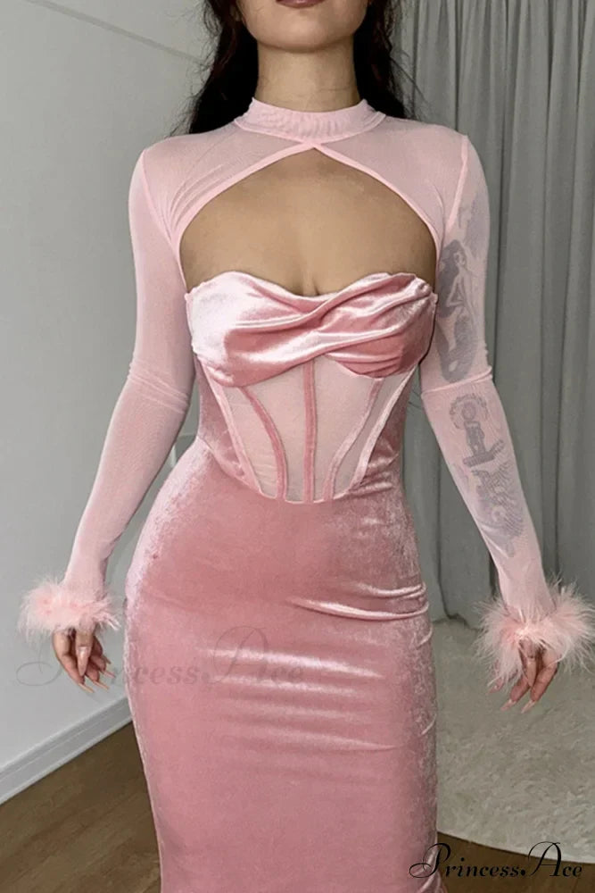 Velvet Mesh Patchwork Dress with Low Cut