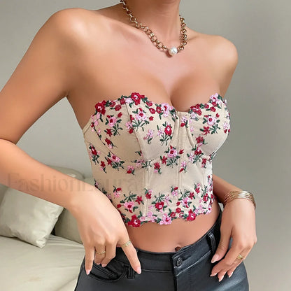 Vemina Y2K Embroidery Floral Strapless Tube Crop Top