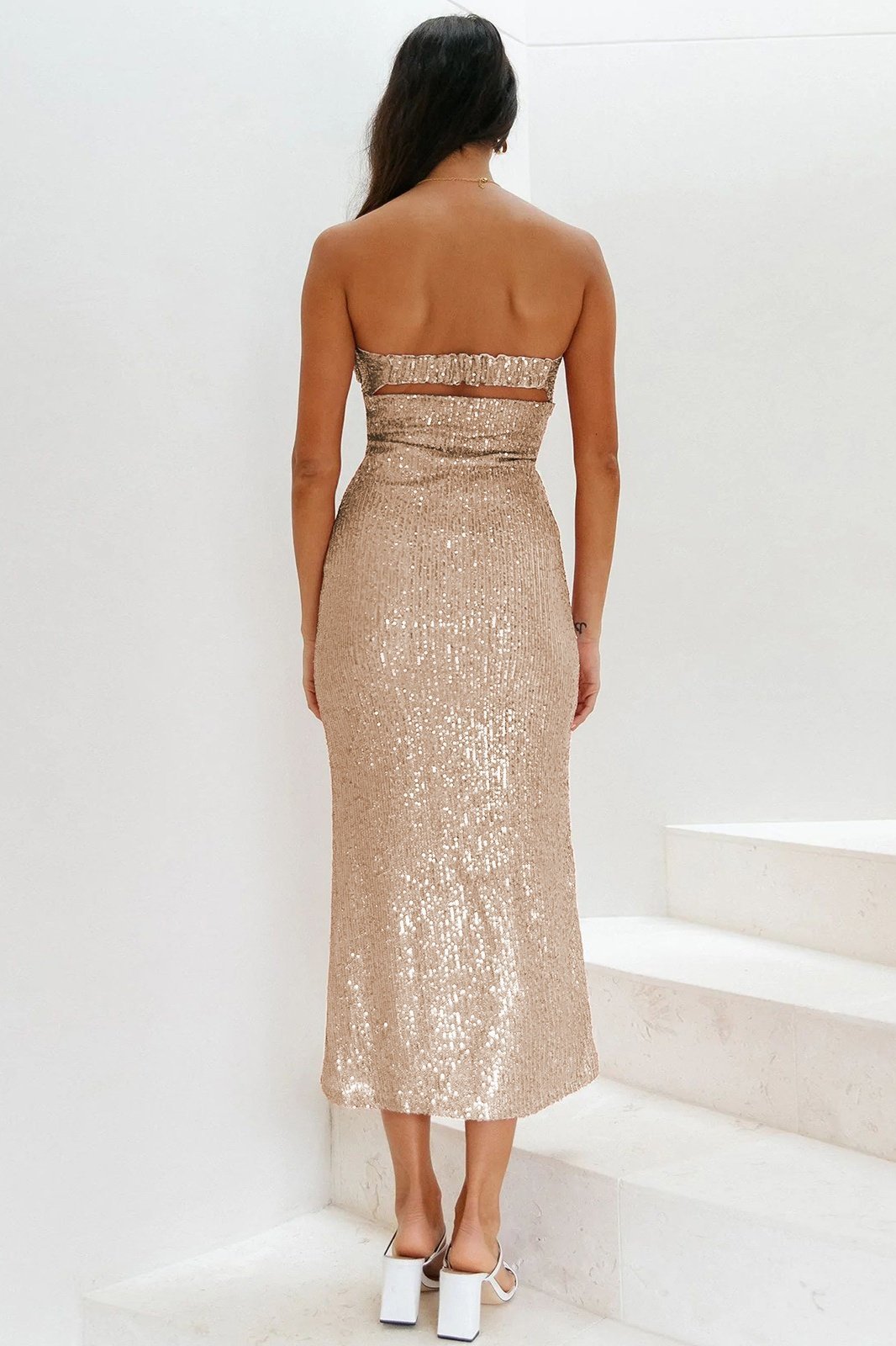 Sequin Strapless Cut Out Back Maxi Dress