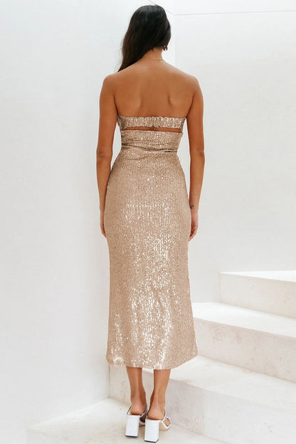 Sequin Strapless Cut Out Back Maxi Dress