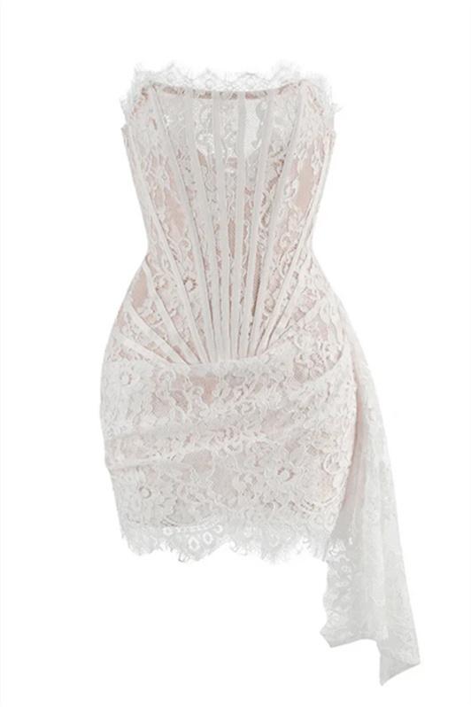 Strapless Floral Lace Corset Boned Bodice Draped Mini Dress