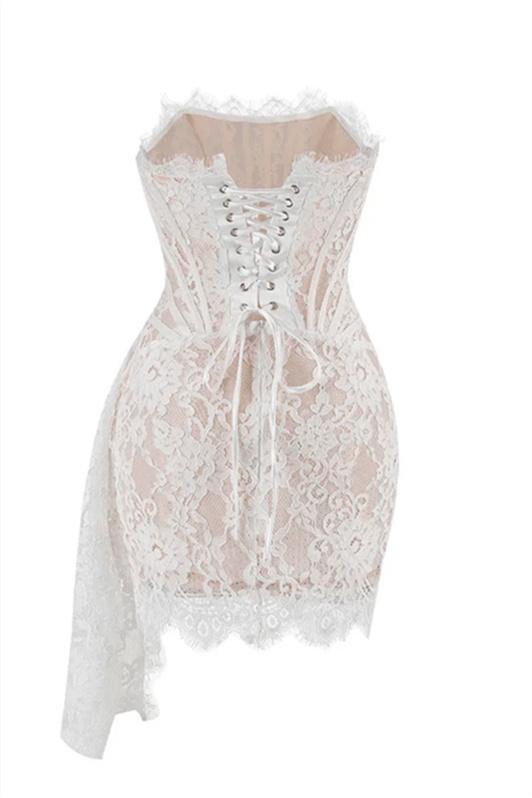 Strapless Floral Lace Corset Boned Bodice Draped Mini Dress