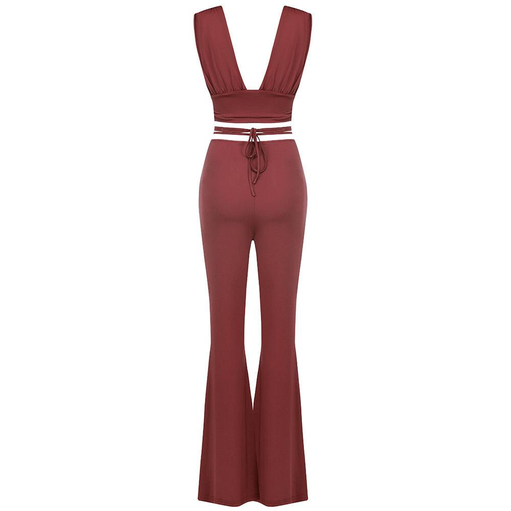 KittenAlarm - Veronica Solid Bralette Top & Lace Up Belted Flare Pants Set