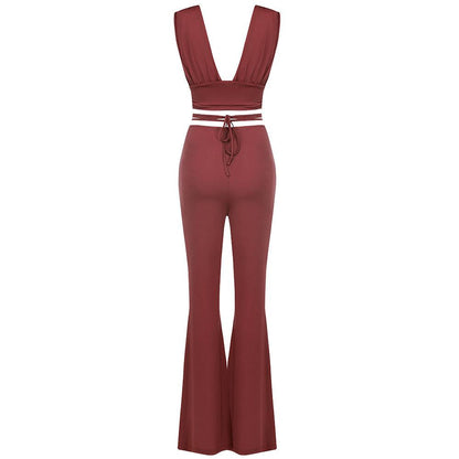 KittenAlarm - Veronica Solid Bralette Top & Lace Up Belted Flare Pants Set